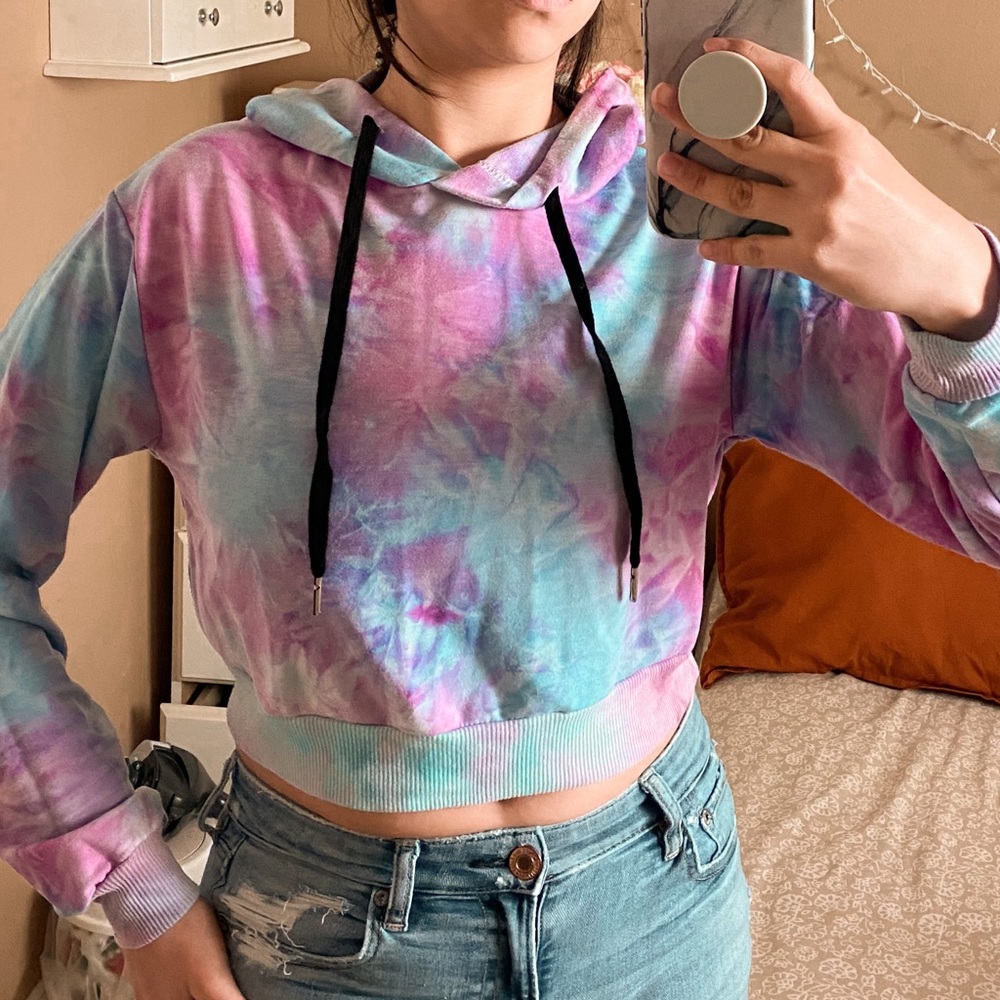 SHEIN Tied Dye Multicolor Drop Shoulder Cropped Hoodie Size M